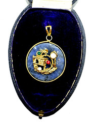 BIRD PENDANT ROUND CHINESE Semi Precious Gemstone NEW OLD VNTG LAPIS AVENTURINE
