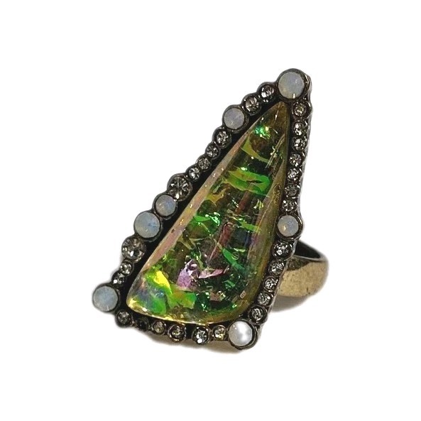 Vintage Fire Faux Opal Iridescent Triangle Blue/Black Gold Tone Ring 6.5