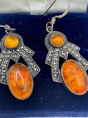 Vintage BOMA signed Baltic Amber Marcasite Sterling Earrings One Hook Beautiful