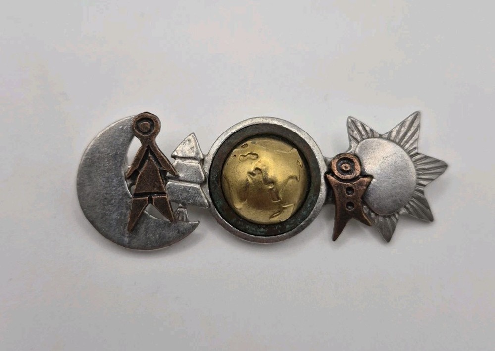 Vintage Signed LCI Brooch Pin Brass Pewter Sun Earth Moon