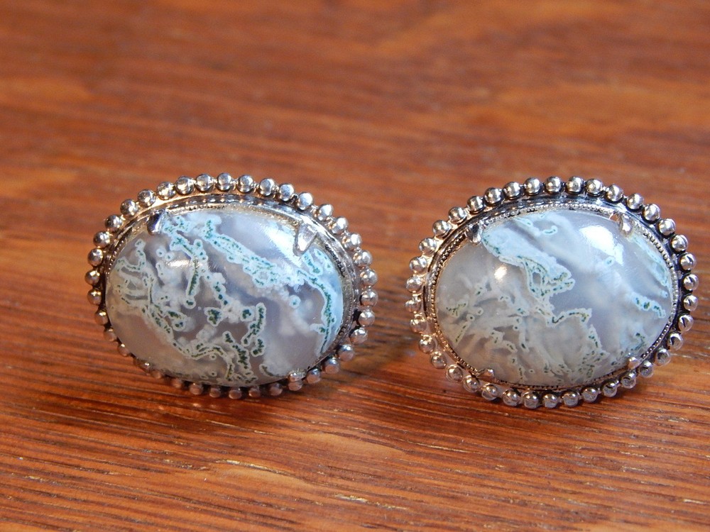 Vintage Green Moss Agate Good Quality Sterling Silver Screw Back Earrings