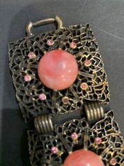 Vintage Wide Pink Cabochon Plastic Stone Ornate Bracelet