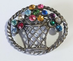Antique Silver-tone Oval Flower Basket Brooch w/ Multicolor Gemstones, C-clasp