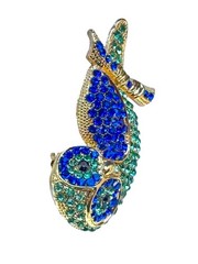 Vintage Gold Tone Owl Brooch Blue & Green Rhinestone Crystal Bird Pin Statement