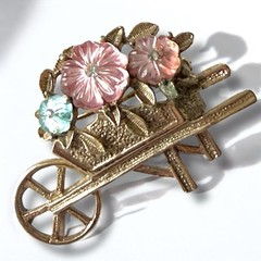 Flower Cart Brooch Molded Glass Rhinestones Gold Tone Garden Vintage Pin