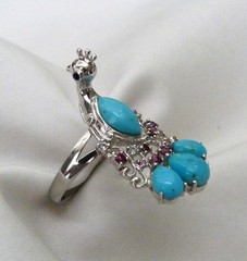 DESIGNER NK STERLING SILVER TURQUOISE PINK TOURMALINE BLUE TOPAZ PEACOCK RING 9