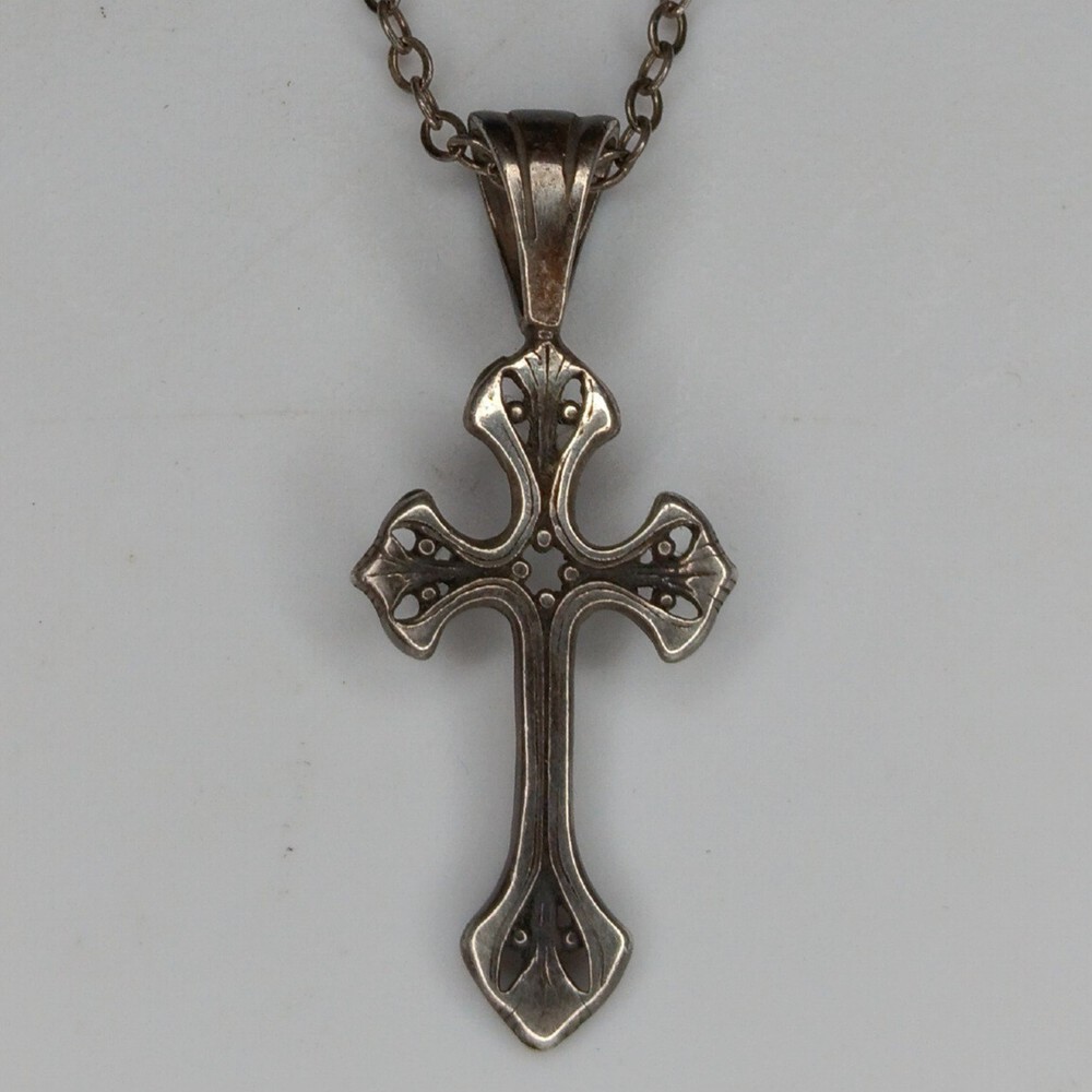 Vtg Jezlaine Sterling Silver Ornate Gothic Cross Pendant 1.5″ Necklace 20″ 5g