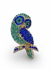 Vintage Gold Tone Owl Brooch Blue & Green Rhinestone Crystal Bird Pin Statement
