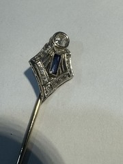 Victorian Solid 14k White Gold and Mine Cut Diamond And Sapphire Stick Pin