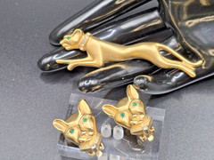 VTG JACKIE COLLINS Panther Set In Box Brooch Clip Earrings Gold Tone Rhinestones