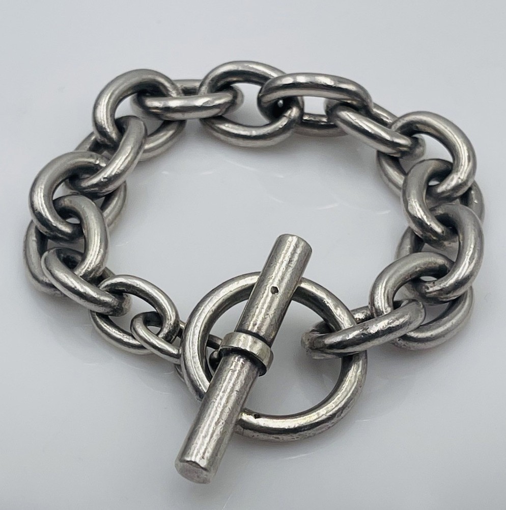 Vintage French Sterling Silver Large Oval Link Chain Toggle Bracelet Hermes
