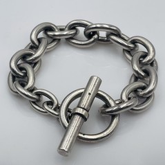 Vintage French Sterling Silver Large Oval Link Chain Toggle Bracelet Hermes
