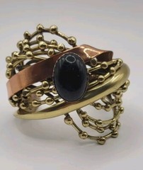 Vintage Cuff Bracelet Artisan Mixed Metal Black Onyx Modernist Brutalist 171.3g