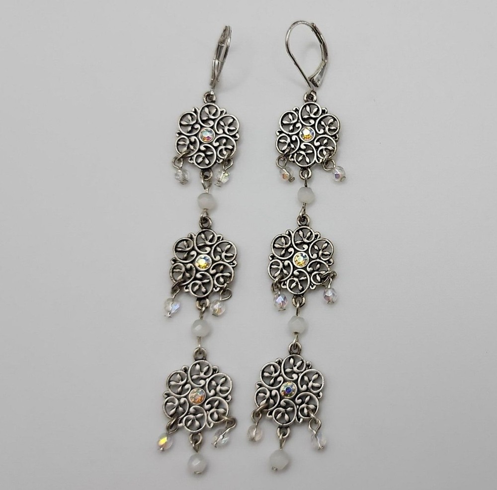 N A Clear Rhinestone & Bead Silver Tone Floral Dangle Earrings