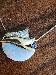 Vintage 9ct Opal 14k Yellow Gold Pendant With Diamond & Tanzanite Accents