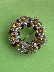 Vtg Austrain Crystal Brooch Pin Open Circle Aurora Borealis Yellow Cognac