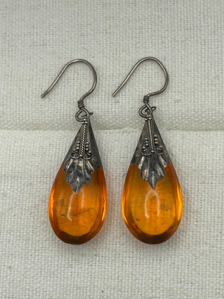 Vtg Baltic Amber Tear Drop Earrings Silver Filigree Shepard Hook Clasps
