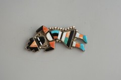 Old Pawn Zuni Indian Sterling Silver Inlayed Rainbow Man Pin – 3″