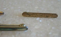 Lot 5 Antique Bar Pins Gemstones? Shell, Etched Floral, Solid Gold Top