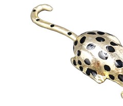 VTG Goldtone Enamel Green Eyed Articulated Tail Crouching Leopard Brooch, 5″
