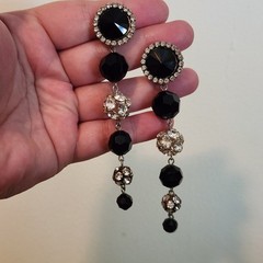 Vintage Signed Les Bernard Rhinestone & Faceted Black Dangle Ball Earrings 4″