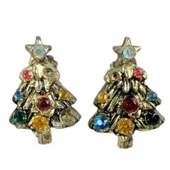 Vintage Rhinestone Gold Tone Christmas Tree Brooch with Matching Earrings