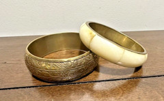 Vintage 1″ Brass Engraved Bangle & 1/2″ Bone And Brass Bangle Boho Chic Bracelet