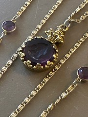 Vintage Goldette NY Purple Intaglio Bezel Set Crystal Gold Tone 3 Tier Necklace