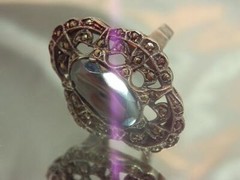 Vintage 40’s Queenly Sterling Signed Jet Marcasite 925 Size 7.75 Ring 595o2