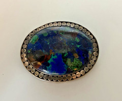 Vintage Brooch Sterling Silver Azurite Malachite Oval Blue Green Gemstone