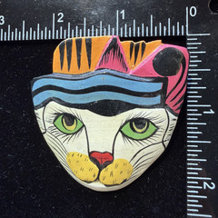 Vintage Cat Brooch Whimsical Pin Hand Painted Wood Funky 1980’s-1990’s