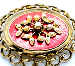 VTG Coro Faux Pearl Salmon Color Enamel Filigree 1950s 1960s Brooch