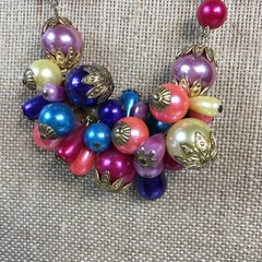 Vintage Beaded Necklace Bright Party Colors Goldtone Accents