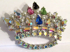 vintage signed B. David Silver Tone AB Rhinestones Pearls Royal Crown Brooch Pin