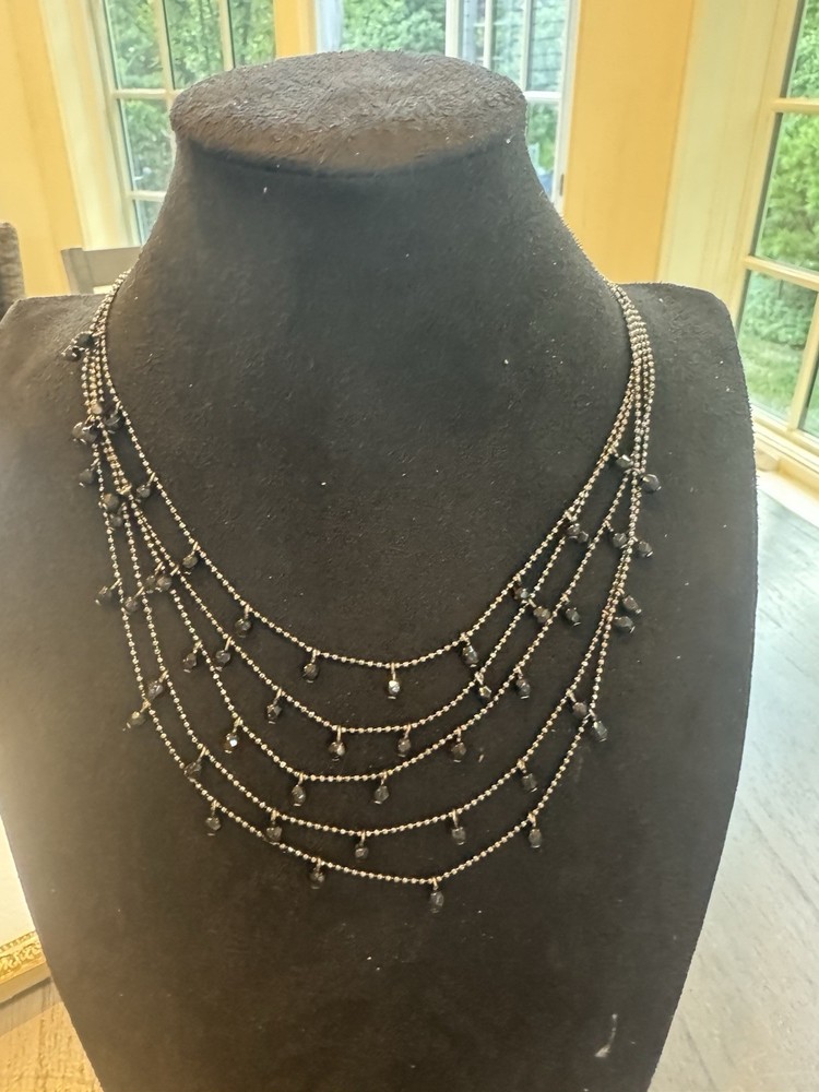 Vintage Black Crystal Waterfall Necklace Gunmetal Multi Strand Gothic Statement