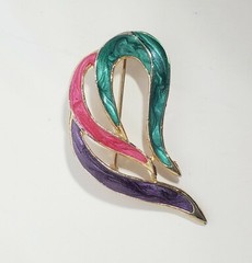 Vintage 1980s Pearlescent Enamel BROOCH EARRING Gold Tone Purple Fushia Teal
