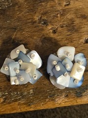 Vintage Mother Of Pearl Clip On Earrings Japan Blue White Iridescent Shell Chips