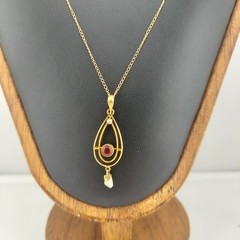 Edwardian Style 10k Gold Lavalier Pendant with Red Stone and Seed Pearl In Box