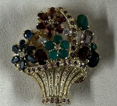 Gold Plated Multi Gem Flower Basket Brooch