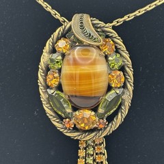 W Germany Brown Porphyry Slag Art Glass And Rhinestone Necklace & Earrings Set