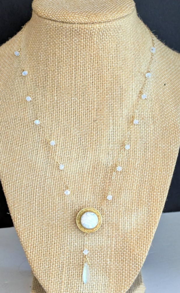 Beautiful Antique 14K GF Opalite Dangle Necklace w/Foil Button Pendant