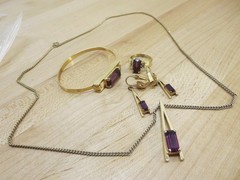 1976 Avon Gold Tone Faux Amethyst Purple Necklace Ear Ring & Bracelet Set