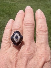 VINTAGE Y. GOLD GENUINE DIAMOND BLUE SAPPHIRE COCKTAIL RING 5.5 BAGUETTE MARQUIS