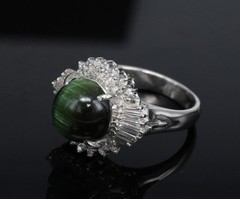 Vintage 4.02ct Cats Eye Green Tourmaline & 0.50ct Diamond Platinum Ring Size 5.5