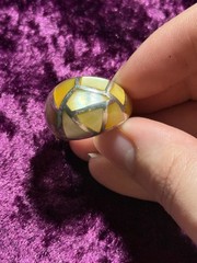 925 Sterling Silver Vintage Ring Yellow Mother Of Pearl Mosaic Inlay Dome