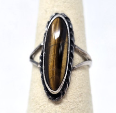ANTIQUE Marquise Shaped TIGER’S EYE Sterling Silver Women’s RING Size 6.5