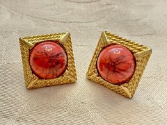 Designer M Jent Signed Faux Round Coral Cab Gold Tone Square Pierced Earrings