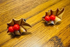 Vintage Christmas Holly Earrings Red Berry Lucite Screw Back Earrings Holiday