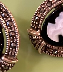 Vintage Cameo Black Onyx & Marcasite 925 Sterling Silver Earrings