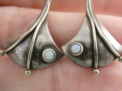 Vintage Artisan AB Signed Sterling Silver Opal Cabochon Earrings 5.2g 2.5 Inches